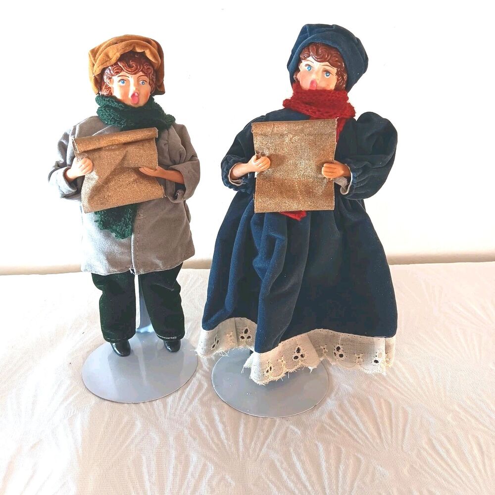 Vtg 2 Christmas Caroler Figurines   Handcrafted Victorian Style Metal Stands 9"